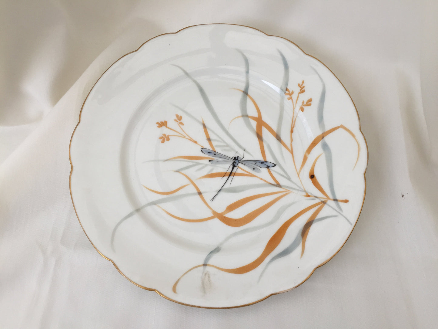 Hand Painted 9" Vintage Porcelain Plate with Dragonfly Design