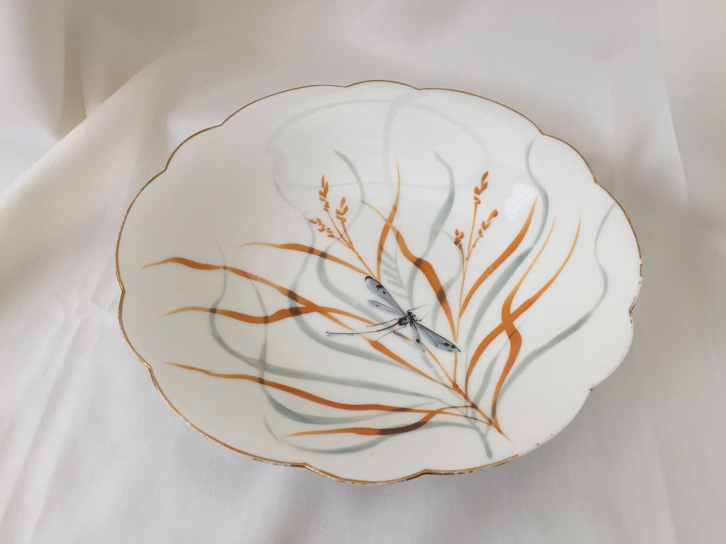 Hand Painted 9" Vintage Pedestal Bowl with Dragonfly Pattern