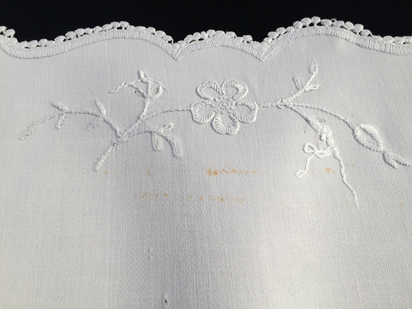 Rare Victorian Era Antique Embroidered Linen Kitchen Meat Carver Cover Cloth with Crocheted Scalloped Edging