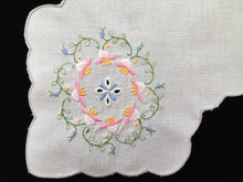 Load image into Gallery viewer, Vintage Machine Embroidered Off-white Linen Bread Basket Liner Doily with Grey Scalloped Edging and a Bonus Pair of Round Doilies