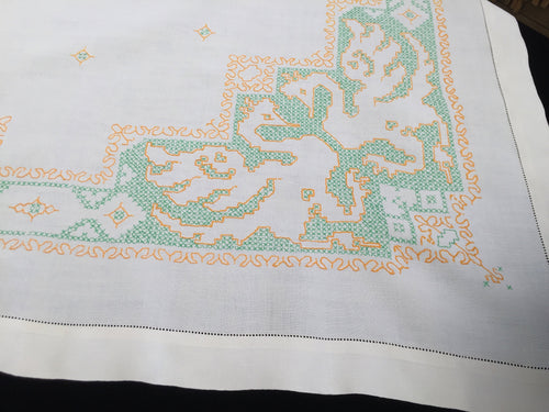 Vintage Hand Embroidered Linen Tablecloth with Cross Stitch Phoenix Pattern