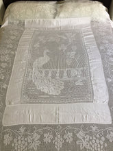 Load image into Gallery viewer, Vintage Lace and Linen Bed Cover with Mary Card Designed Filet Crochet Inlay "Peacock and Grapevine"