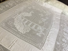Load image into Gallery viewer, Vintage Lace and Linen Bed Cover with Mary Card Designed Filet Crochet Inlay "Peacock and Grapevine"