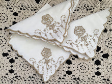 Load image into Gallery viewer, A Set of 3 Antique Hand Embroidered Broderie Anglaise Off-white and Taupe Linen Napkins with Scalloped Edging