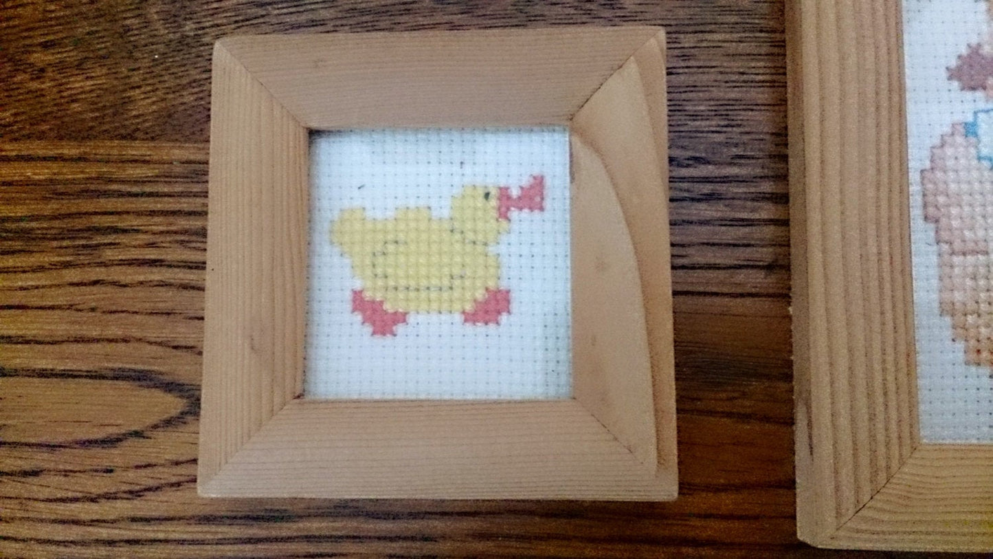 Set of 6 Nursery Cross Stitch Pictures Small Hand Embroidered Pictures in Wooden Frames