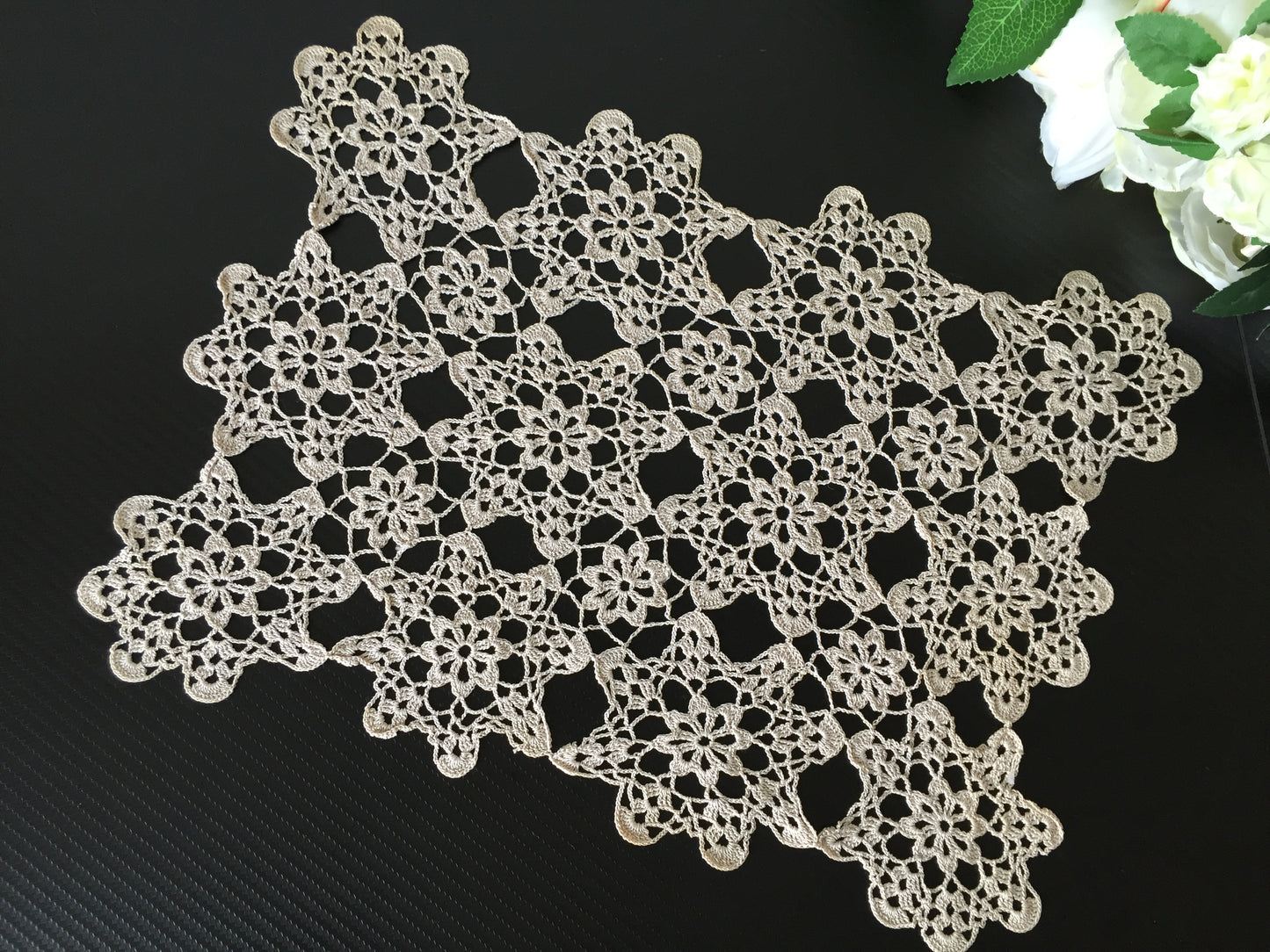 Mid-century Vintage Oblong Ecru Cotton Crochet Lace Doily | Tray Cloth