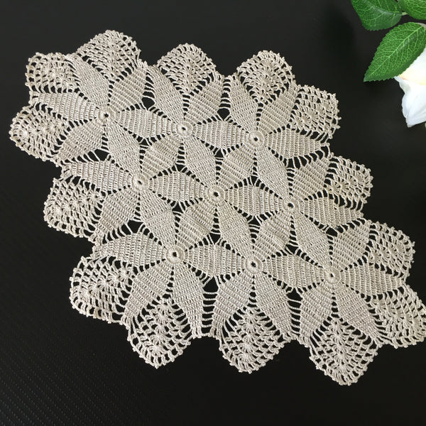 1950s Vintage Oblong Ecru Cotton Crochet Lace Table Centre Doily | Tray Cloth