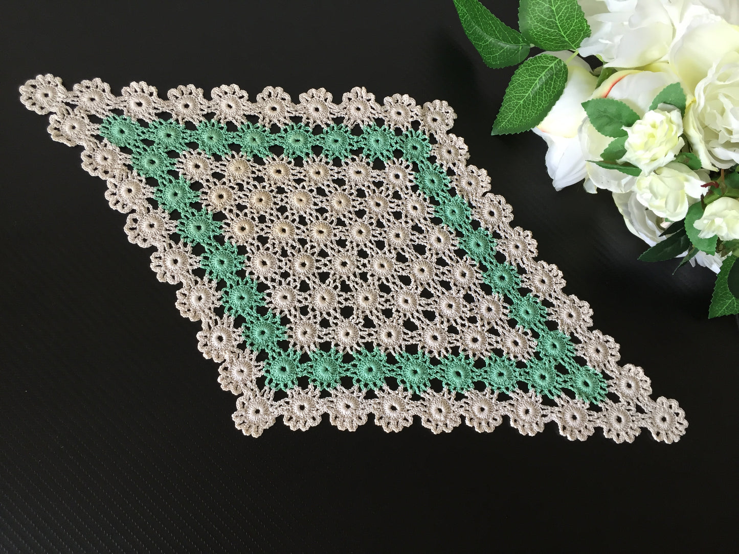 Vintage Crochet Lace Doily | Table Centre Mat | Beige & Green Floral Pattern