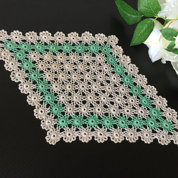 Vintage Crochet Lace Doily | Table Centre Mat | Beige & Green Floral Pattern