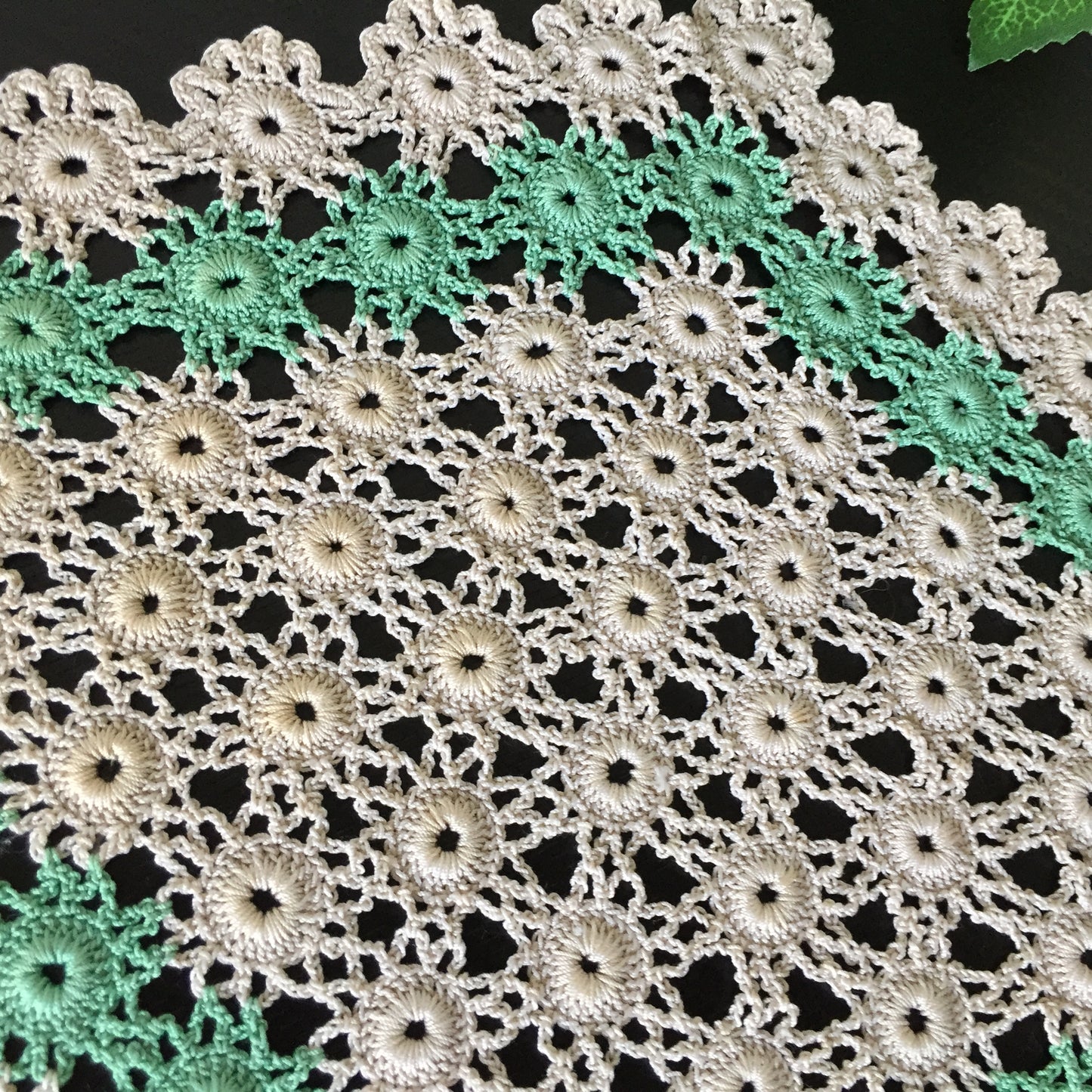 Vintage Crochet Lace Doily | Table Centre Mat | Beige & Green Floral Pattern