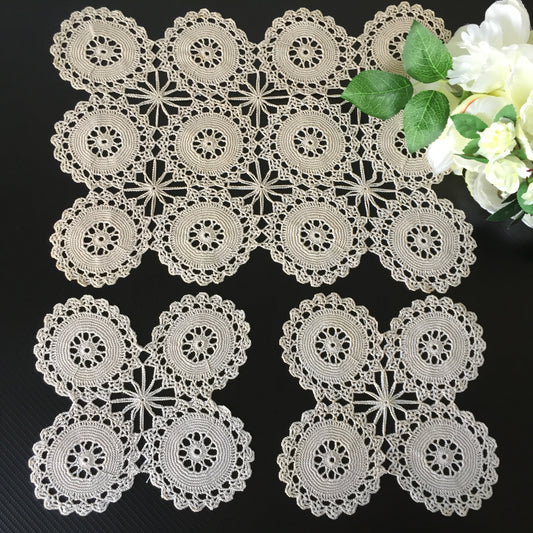 Mid-century Vintage Crochet Lace 3 Pce Ecru Cotton Dressing Table Duchess Set