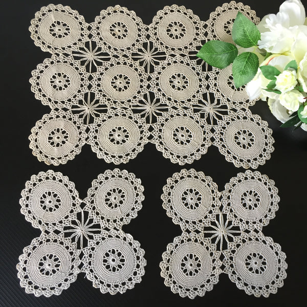 Mid-century Vintage Crochet Lace 3 Pce Ecru Cotton Dressing Table Duchess Set