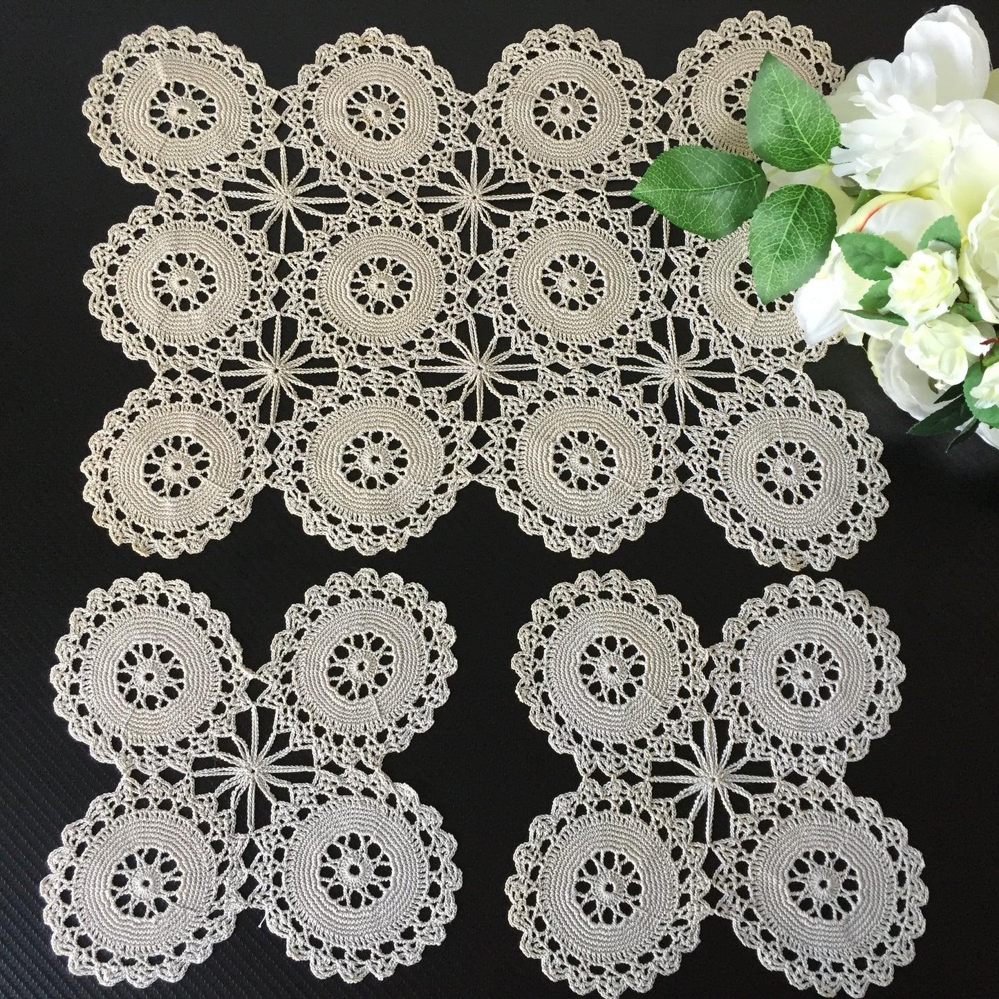 Mid-century Vintage Crochet Lace 3 Pce Ecru Cotton Dressing Table Duchess Set