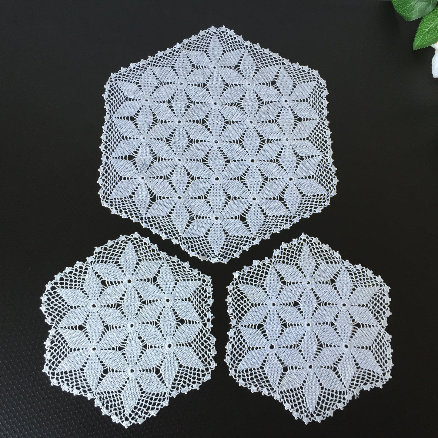 Mid-century Vintage Crochet Lace 3 Piece White Cotton Dressing Table Duchess Set