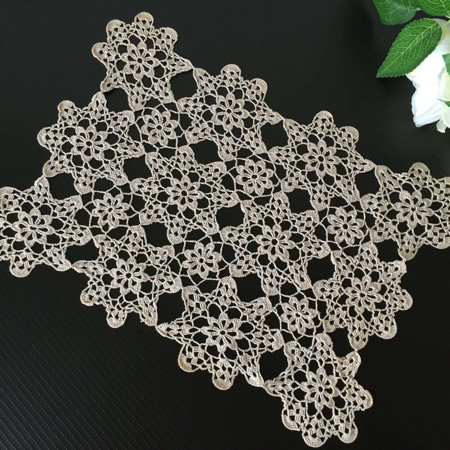 Mid-century Vintage Oblong Ecru Cotton Crochet Lace Doily | Tray Cloth