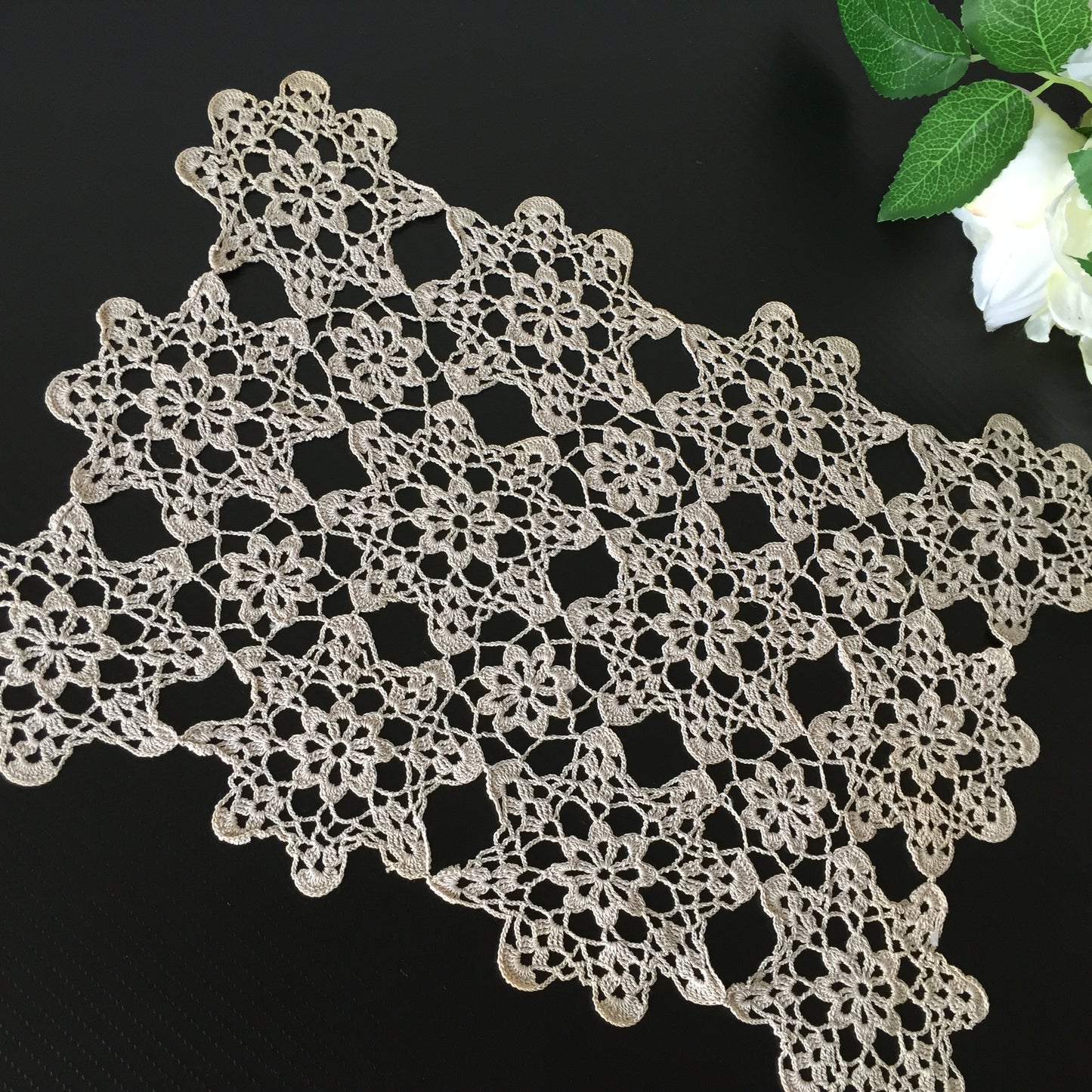 Mid-century Vintage Oblong Ecru Cotton Crochet Lace Doily | Tray Cloth