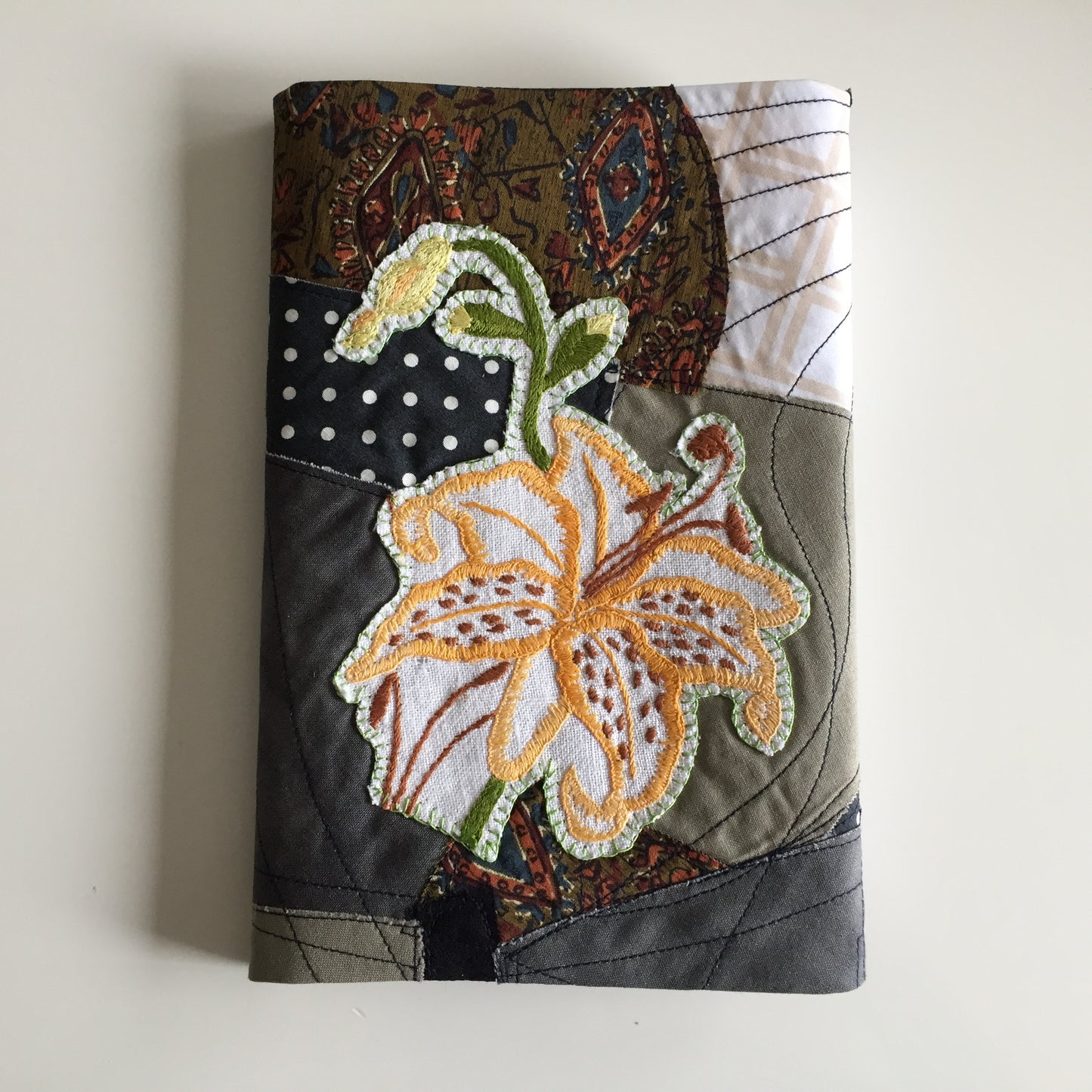 Handmade Adjustable Book Cover, Embroidered Floral Sleeve, Patchwork Book Protector