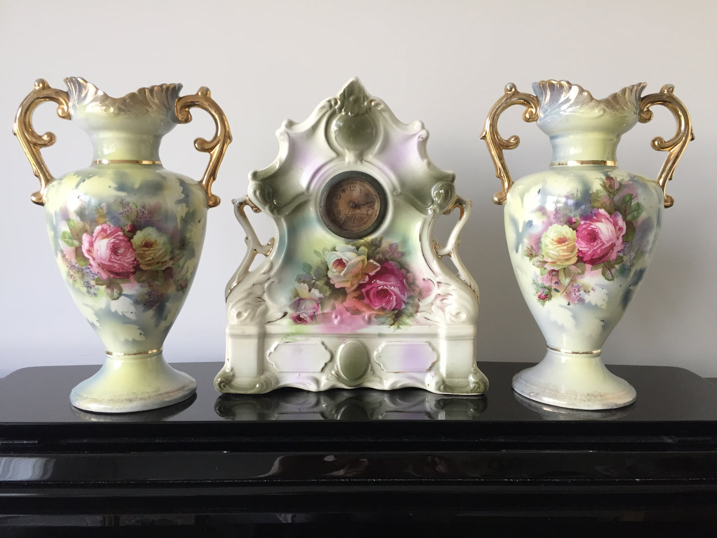 Victorian Antique Ceramic Vase & Mantel Clock Trio