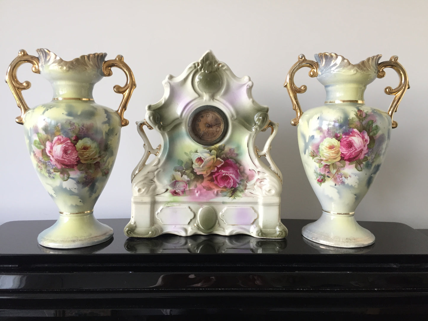 Victorian Antique Ceramic Vase & Mantel Clock Trio
