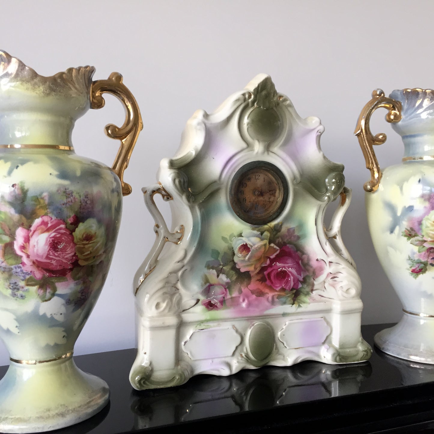 Victorian Antique Ceramic Vase & Mantel Clock Trio