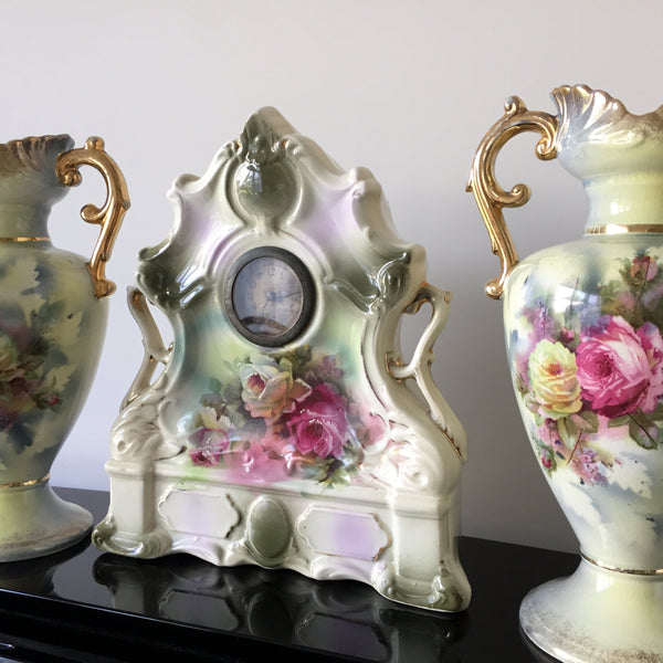 Victorian Antique Ceramic Vase & Mantel Clock Trio