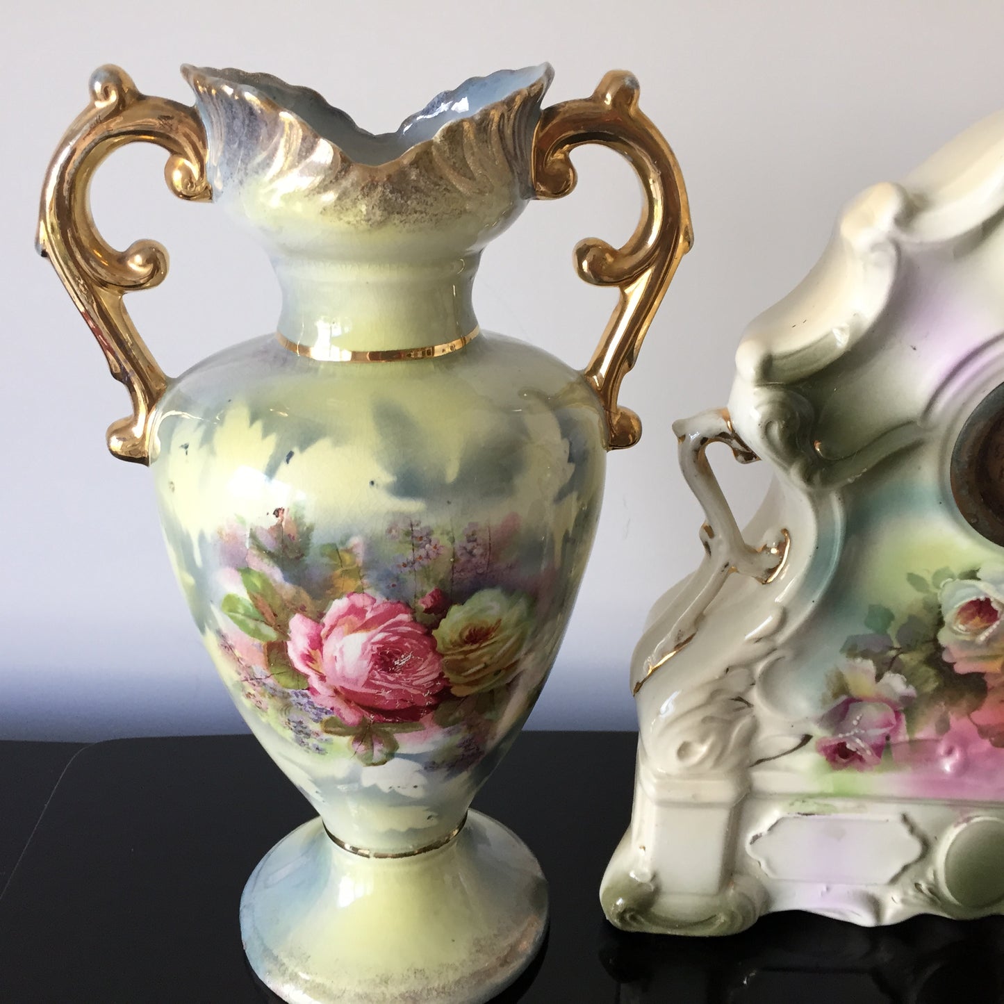 Victorian Antique Ceramic Vase & Mantel Clock Trio