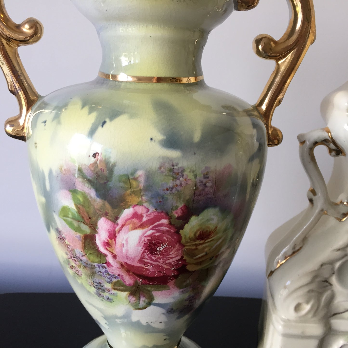 Victorian Antique Ceramic Vase & Mantel Clock Trio