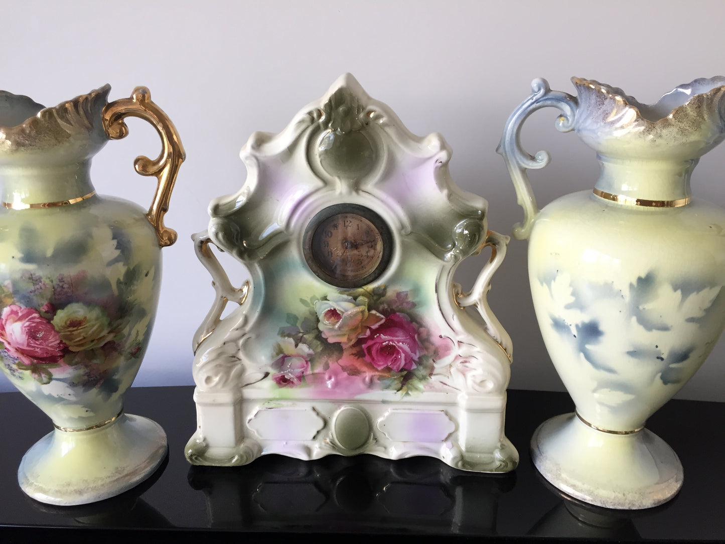 Victorian Antique Ceramic Vase & Mantel Clock Trio