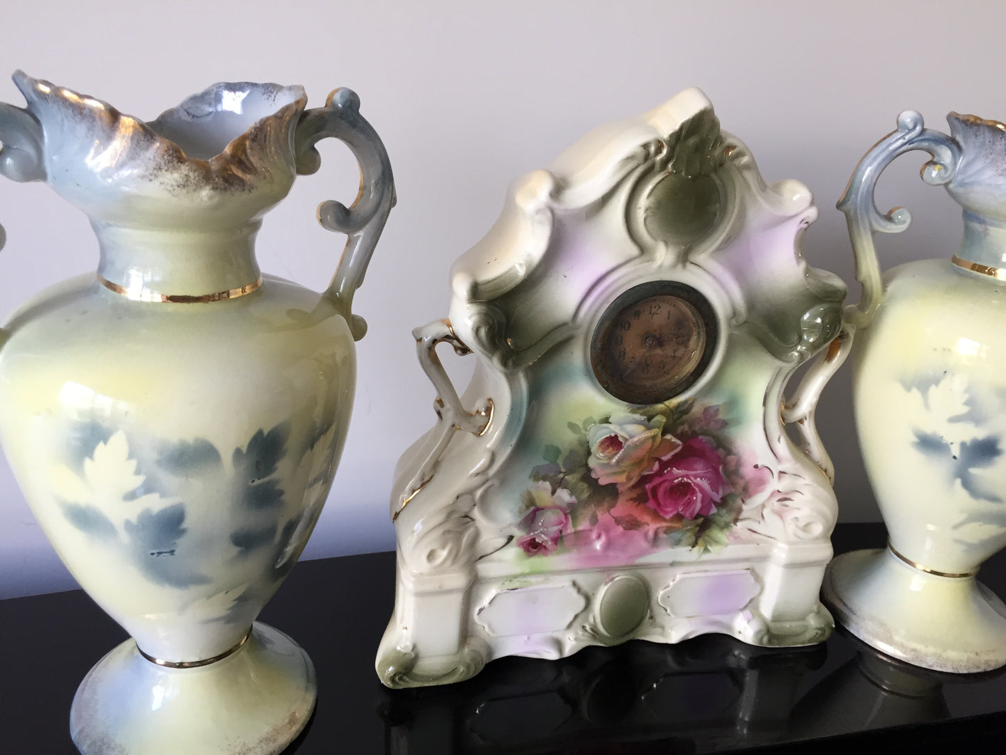 Victorian Antique Ceramic Vase & Mantel Clock Trio