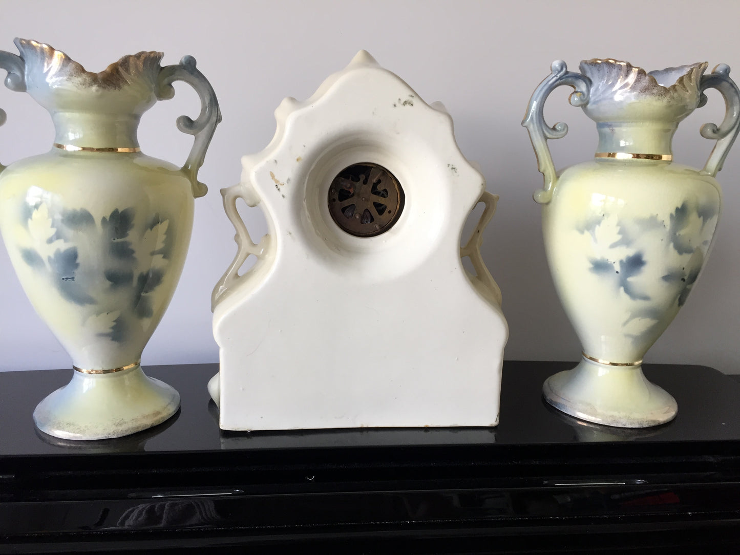 Victorian Antique Ceramic Vase & Mantel Clock Trio