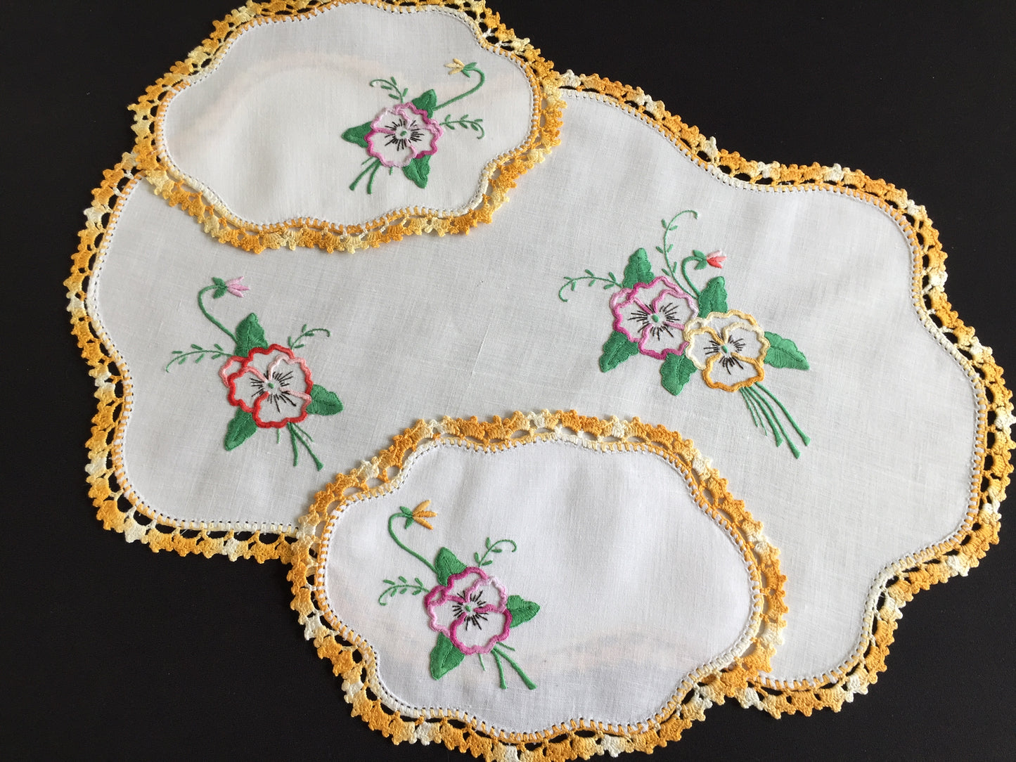 Australian Vintage Hand Embroidered Duchess | Dressing Table Doily Set of 3
