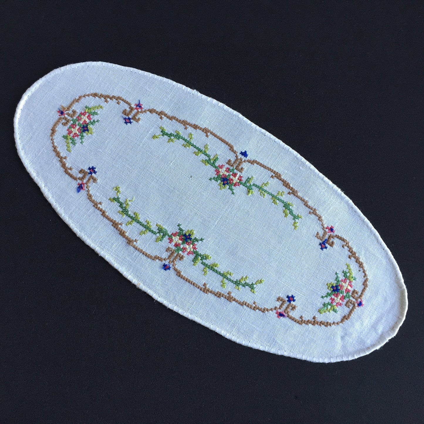 Collectible Art Deco Vintage Cross Stitch Embroidered Floral Sandwich Doily