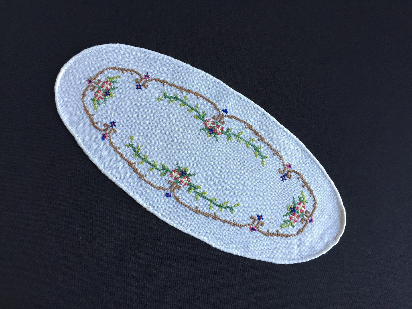 Collectible Art Deco Vintage Cross Stitch Embroidered Floral Sandwich Doily