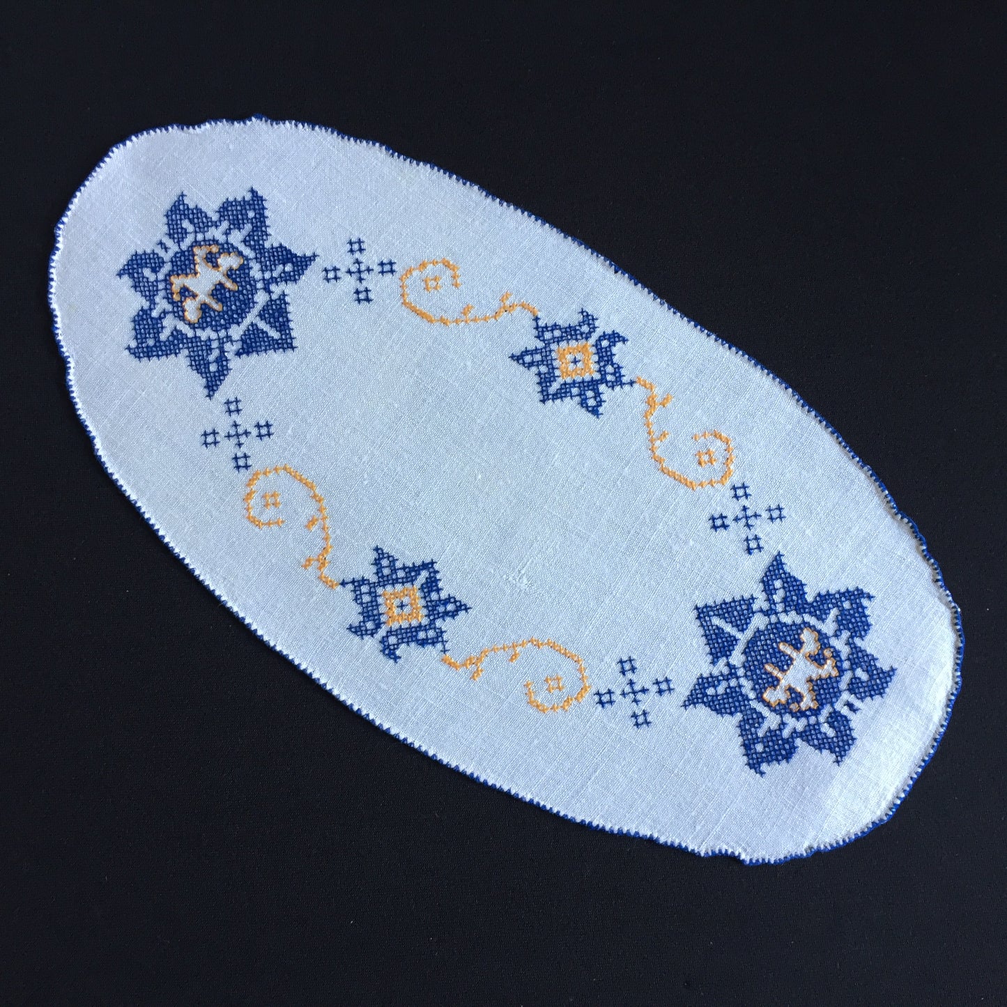 Art Deco Vintage Cross Stitch Embroidered Blue & Orange Floral Sandwich Doily