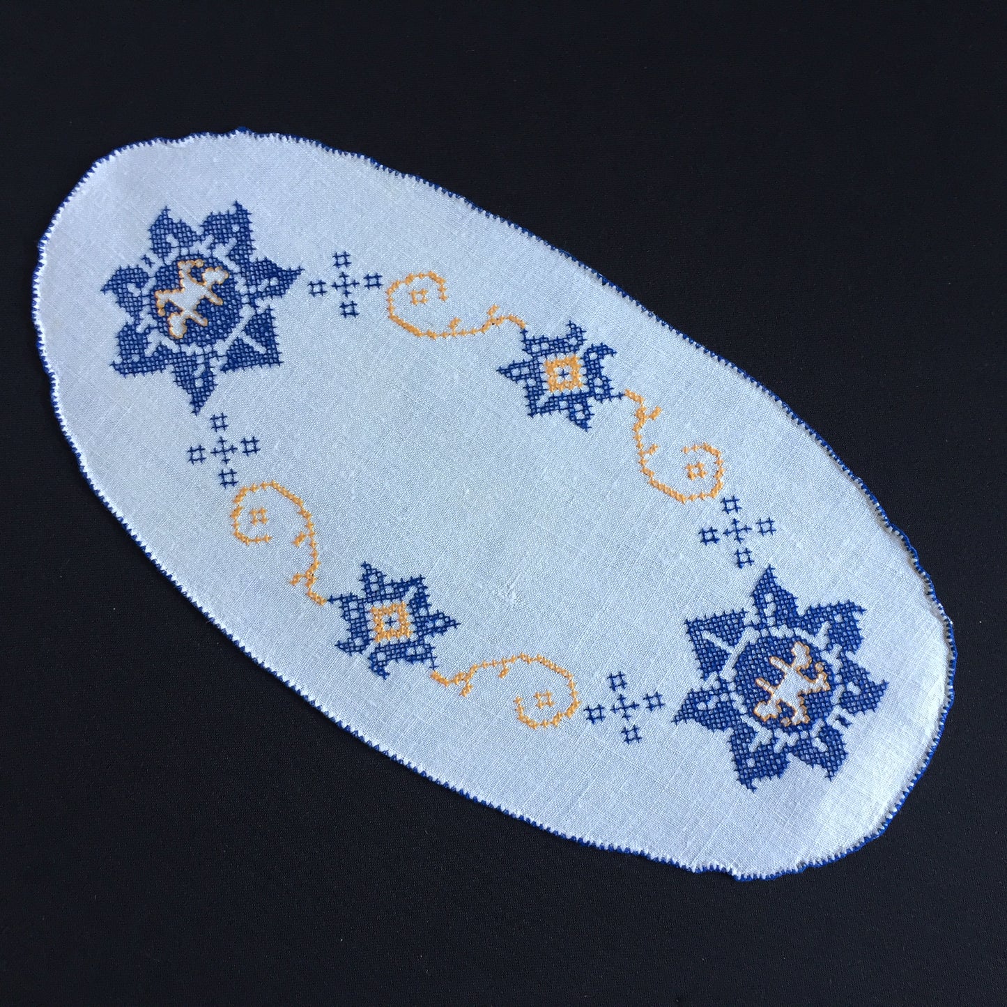 Art Deco Vintage Cross Stitch Embroidered Blue & Orange Floral Sandwich Doily
