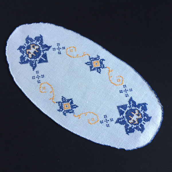 Art Deco Vintage Cross Stitch Embroidered Blue & Orange Floral Sandwich Doily