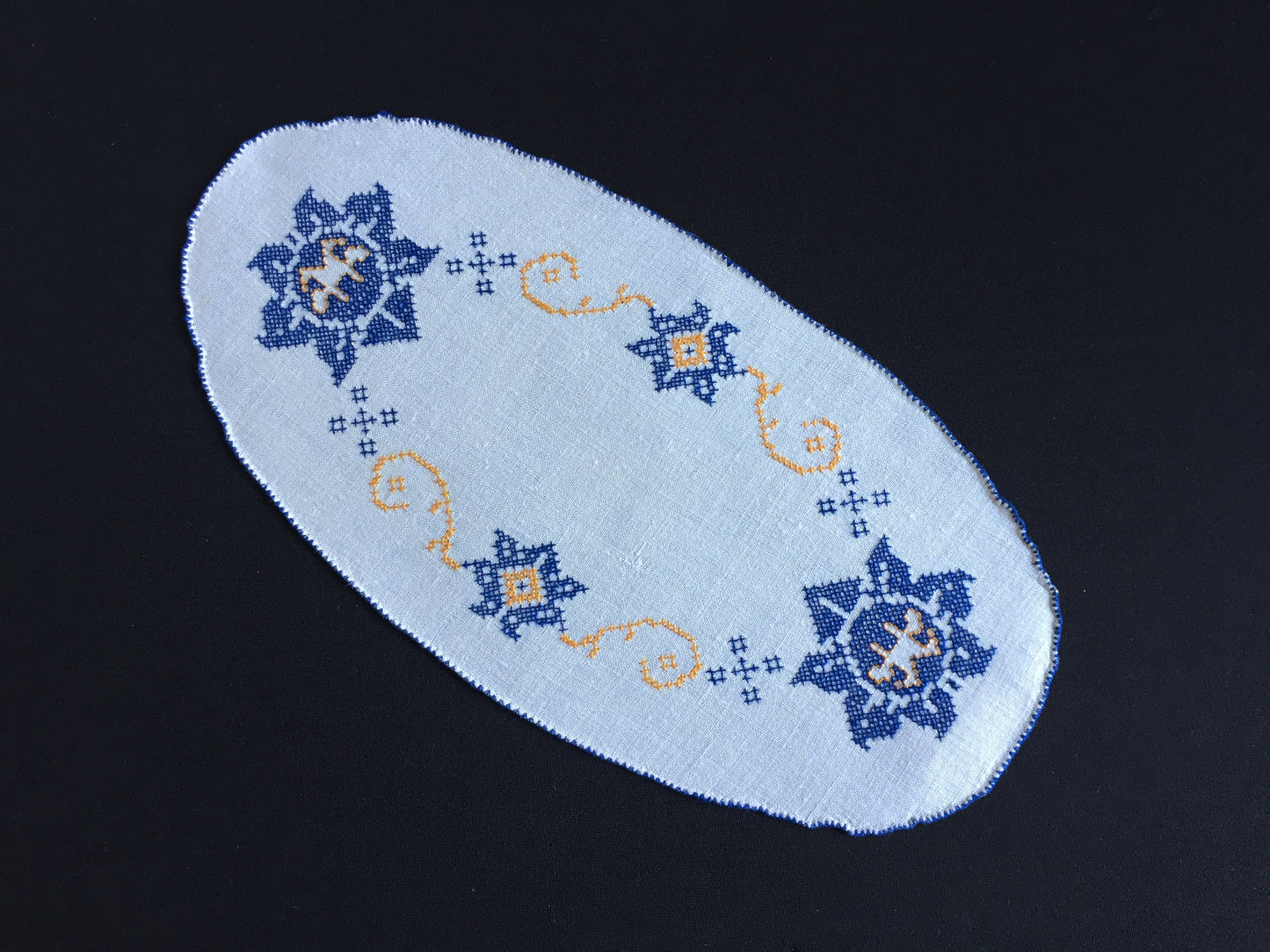 Art Deco Vintage Cross Stitch Embroidered Blue & Orange Floral Sandwich Doily