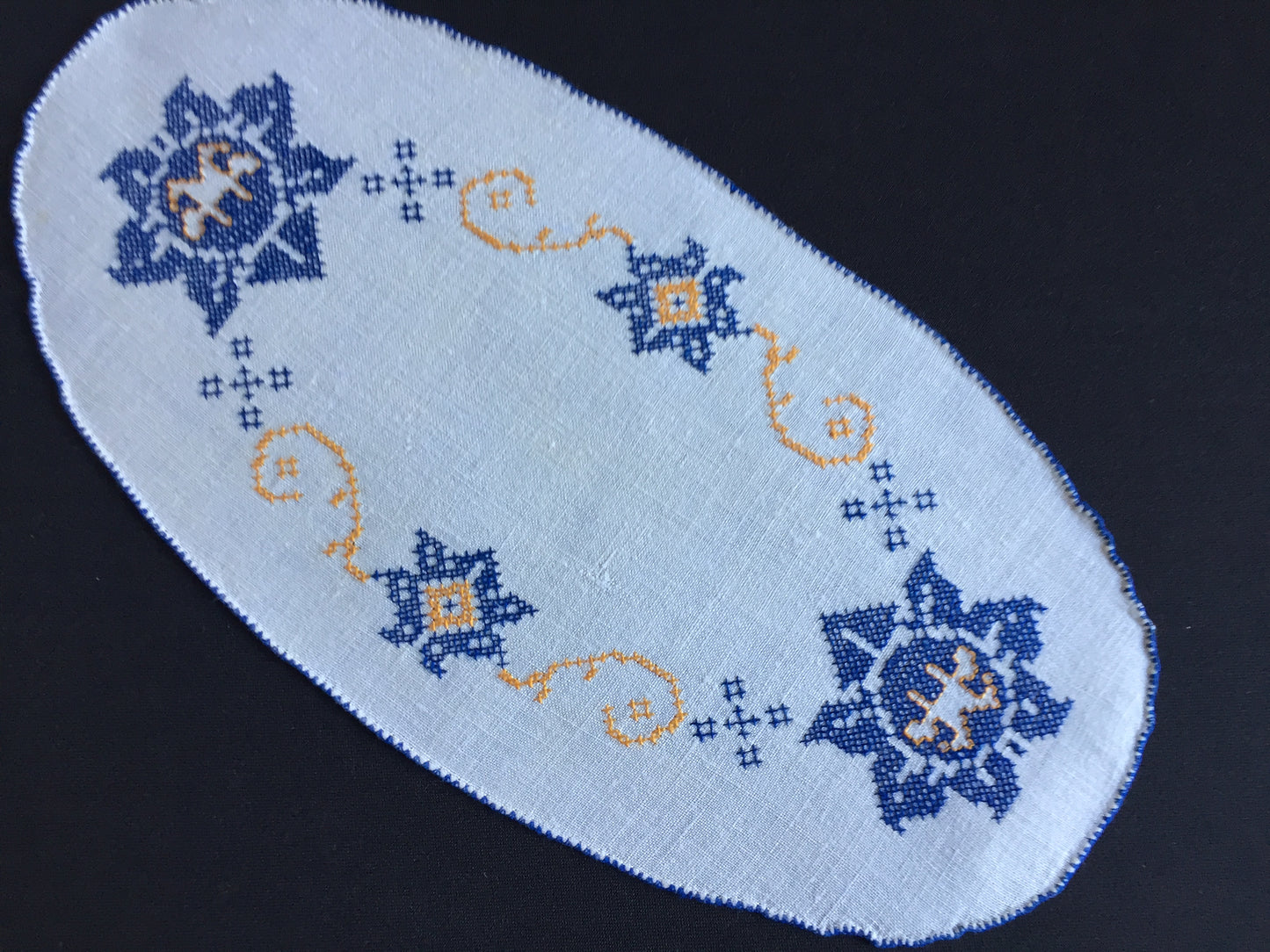 Art Deco Vintage Cross Stitch Embroidered Blue & Orange Floral Sandwich Doily