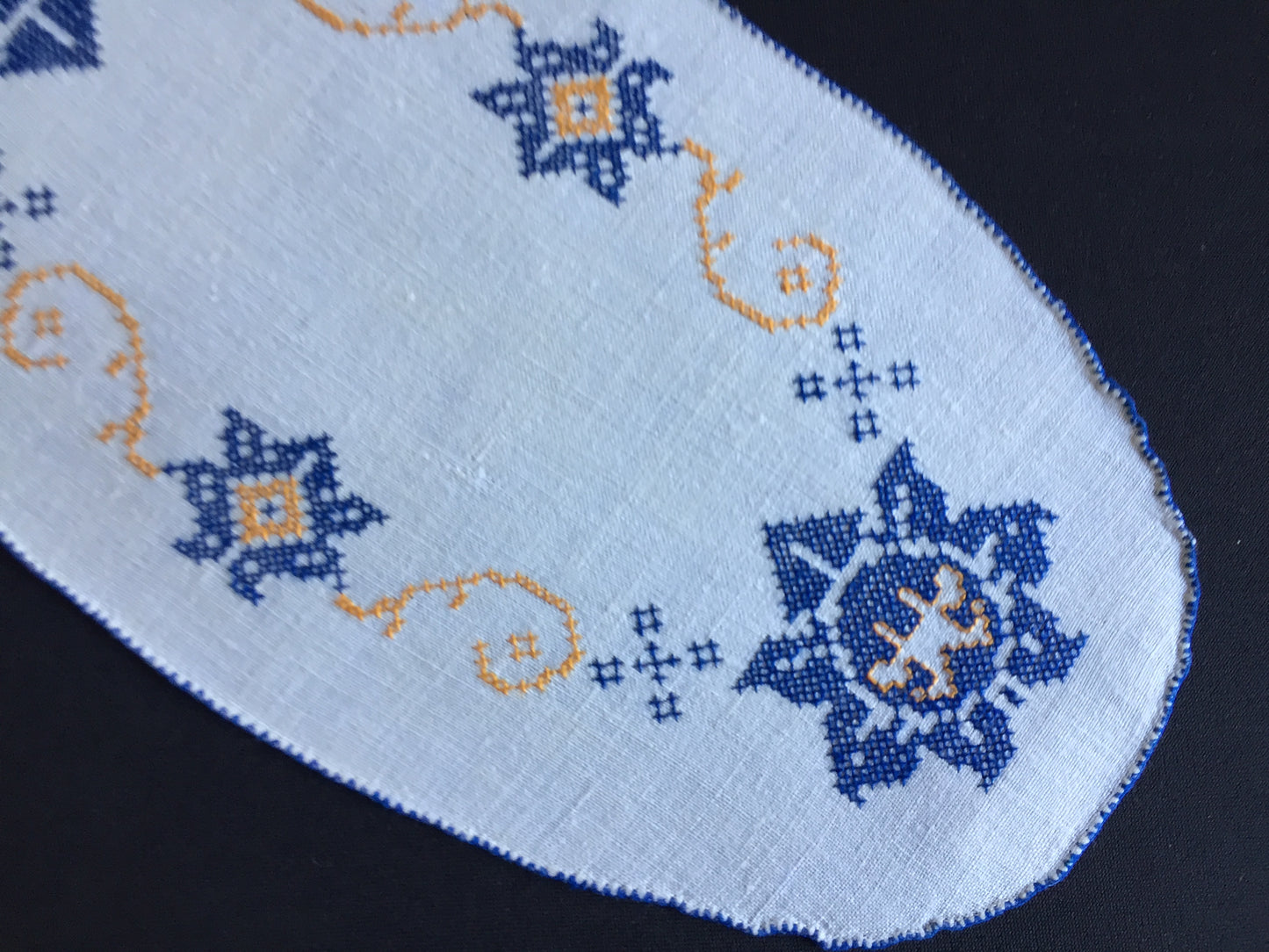 Art Deco Vintage Cross Stitch Embroidered Blue & Orange Floral Sandwich Doily