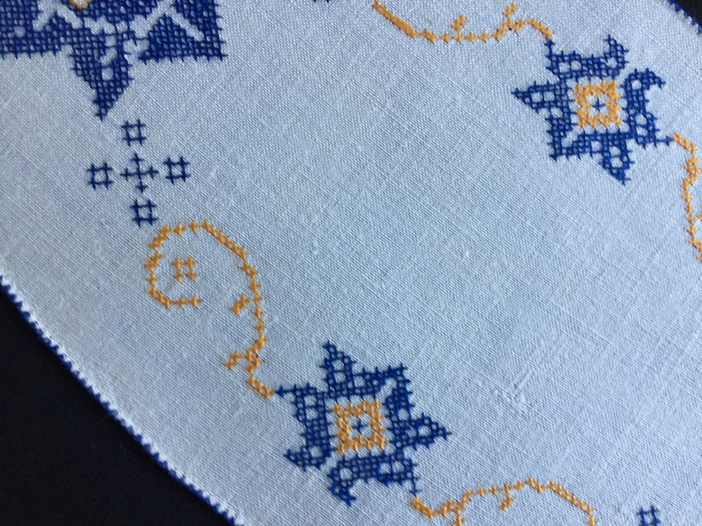 Art Deco Vintage Cross Stitch Embroidered Blue & Orange Floral Sandwich Doily