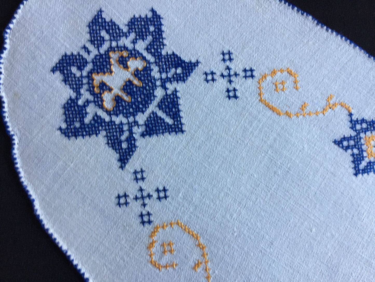 Art Deco Vintage Cross Stitch Embroidered Blue & Orange Floral Sandwich Doily