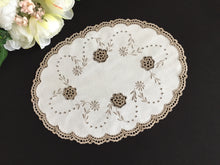 Load image into Gallery viewer, Vintage Hand Embroidered Beige/Taupe Cotton Doily with Crochet Flower Inserts and Edging