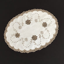 Load image into Gallery viewer, Vintage Hand Embroidered Beige/Taupe Cotton Doily with Crochet Flower Inserts and Edging