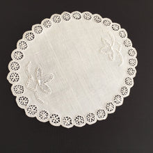 Load image into Gallery viewer, French Antique / Vintage Hand Embroidered Oval Doily with Needle Lace Detail