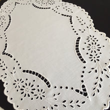 Load image into Gallery viewer, Large Oval Vintage Broderie Anglaise / Madeira Cutwork Embroidered White Linen Doily