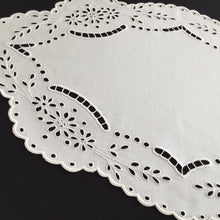 Load image into Gallery viewer, Large Oval Vintage Broderie Anglaise / Madeira Cutwork Embroidered White Linen Doily