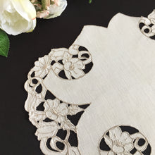 Load image into Gallery viewer, Edwardian Antique Hand Embroidered Madeira Cutwork Beige Floral Table Centre Mat