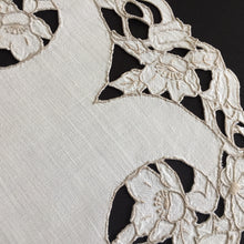 Load image into Gallery viewer, Edwardian Antique Hand Embroidered Madeira Cutwork Beige Floral Table Centre Mat