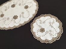 Load image into Gallery viewer, Vintage Hand Embroidered Beige/Taupe Cotton Doily with Crochet Flower Inserts and Edging