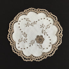 Load image into Gallery viewer, Vintage Hand Embroidered Beige/Taupe Cotton Doily with Crochet Flower Inserts and Edging